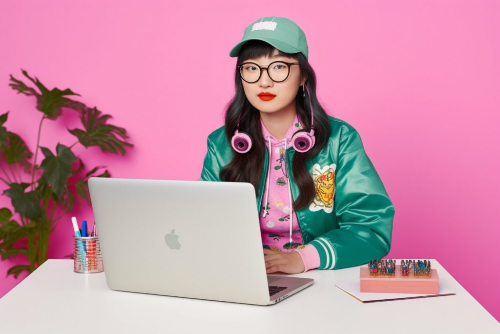 A geeky girl working on her laptop with bright pink background.
